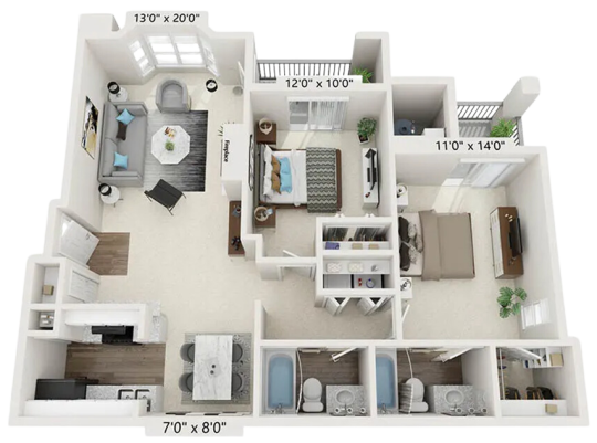 a 3d rendering of a two bedroom apartment at The Residences at Bear Creek