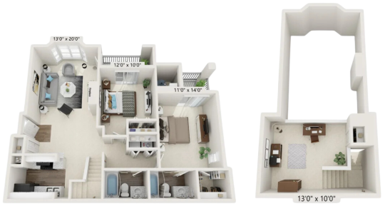 two floor plans of a two bedroom apartment at The Residences at Bear Creek