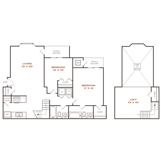 floor plan for the two bedroom apartment at The Residences at Bear Creek