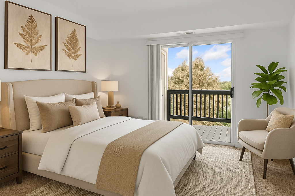 a bedroom with a bed, dresser, and nightstand at The Residences at Bear Creek
