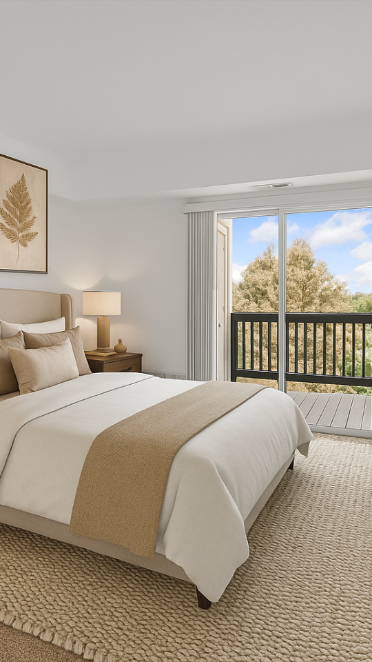 a bedroom with a bed, dresser, and nightstand at The Residences at Bear Creek