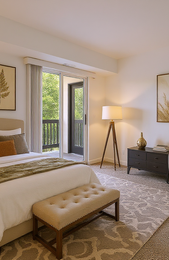 a bedroom with a large bed and a balcony at The Residences at Bear Creek