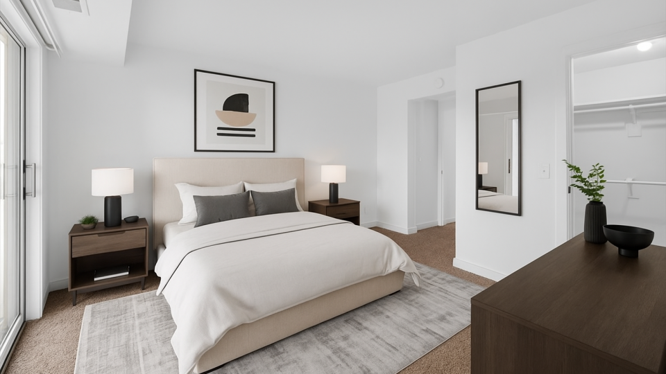 a rendering of a bedroom with a bed and a dresser at The Residences at Bear Creek