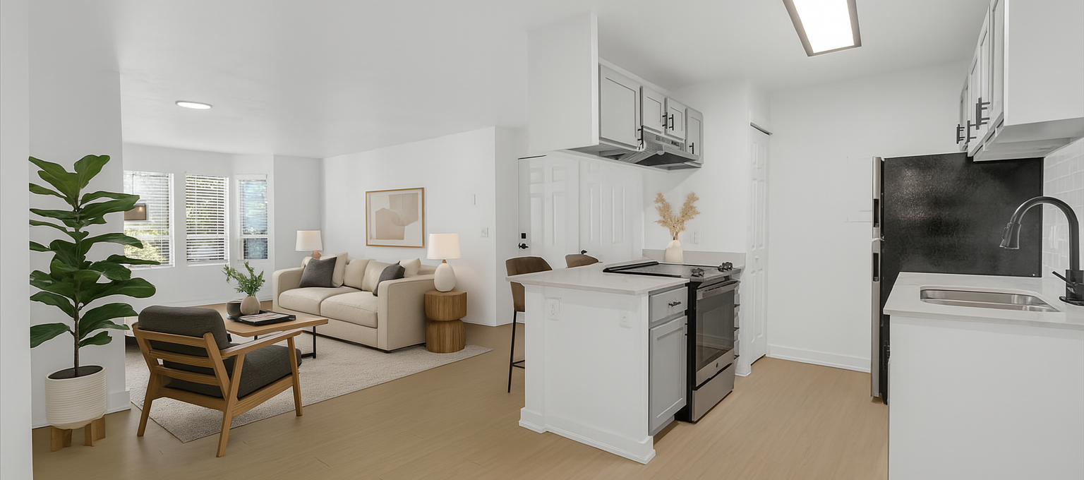 a 3d rendering of a kitchen and living room at The Residences at Bear Creek