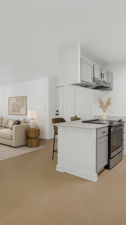 a 3d rendering of a kitchen and living room at The Residences at Bear Creek
