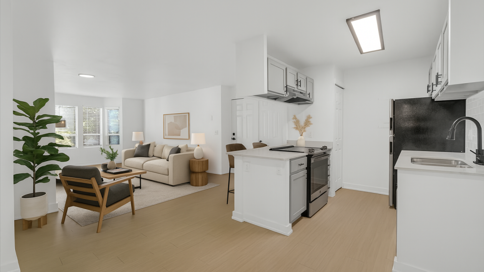 a 3d rendering of a kitchen and living room at The Residences at Bear Creek